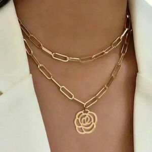 Yellow Gold Women's & Metal Punk Chain Necklace With Round Pendant
